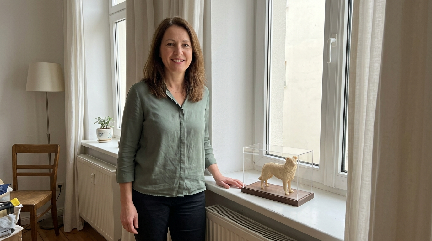 Frau am Fenster neben einer unbemalten Border-Collie-Figur in einer Acrylvitrine