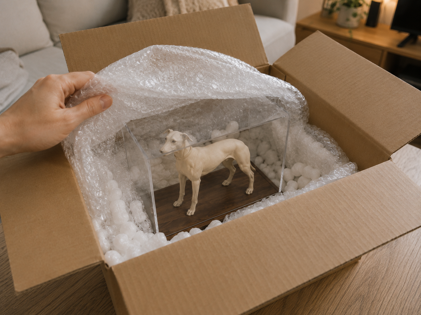 Fertige 3D-Hundefigur in einer transparenten Vitrine, sicher in einem Karton mit Luftpolsterfolie verpackt
