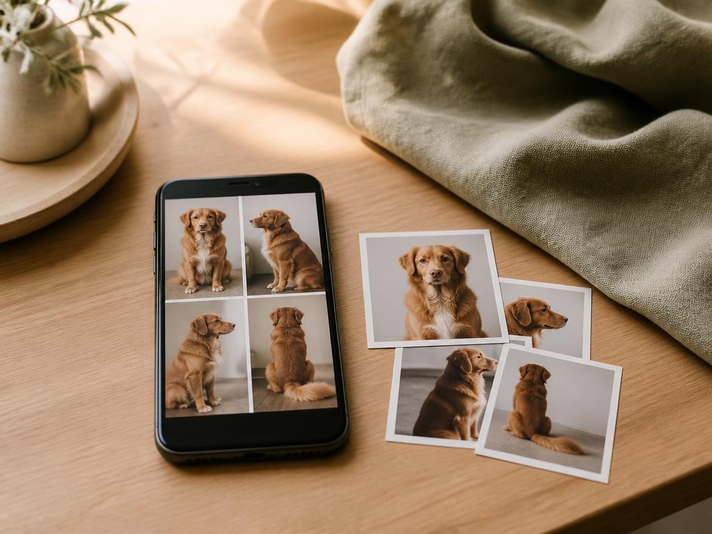 Smartphone mit vier Referenzfotos eines Hundes neben ausgedruckten Fotos