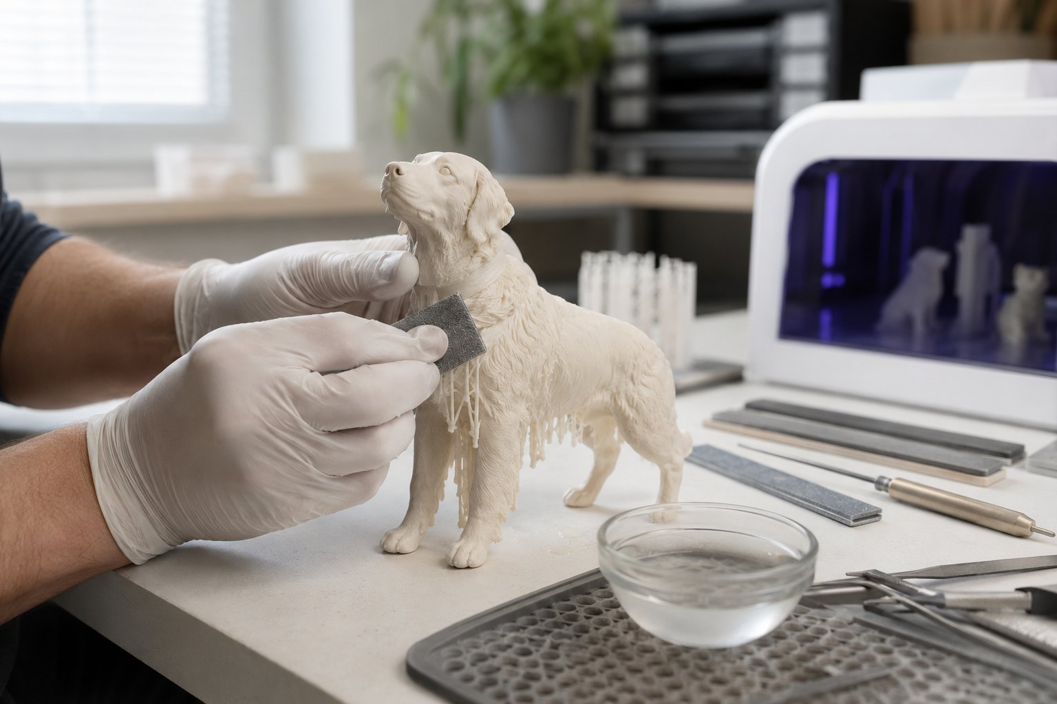 Handwerkliche Nachbearbeitung einer unbemalten Resin-Hundefigur