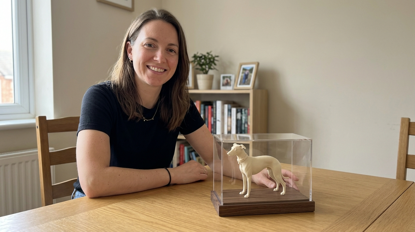 Frau am Esstisch mit einer unbemalten Whippet-Figur in einer Acrylvitrine