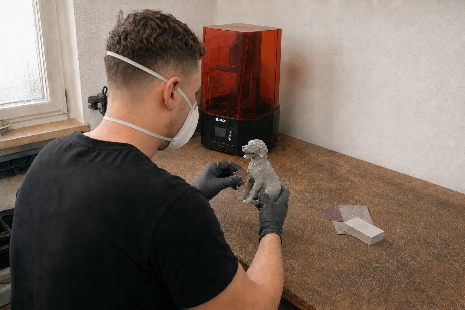 Marco bei der Nachbearbeitung einer frühen Hundefigur am Arbeitstisch