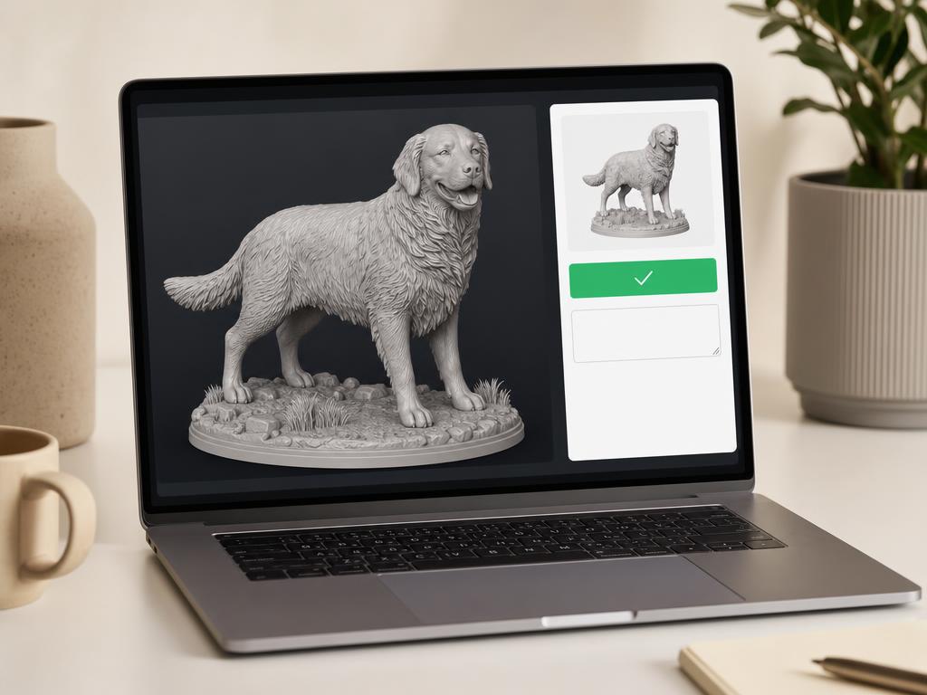 Laptop-Bildschirm mit 3D-Hundemodell und Freigabe-Button in der Vorschau-Oberfläche