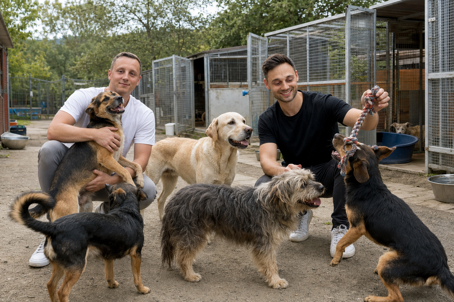 Marco und Nico mit mehreren Hunden im Tierheim