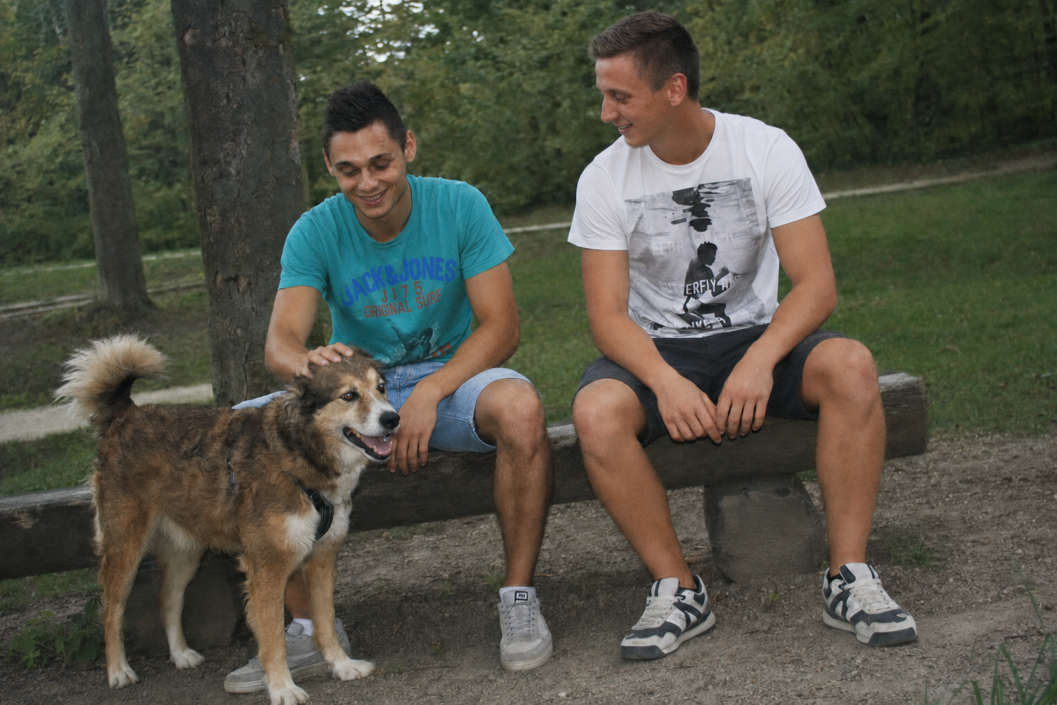 Marco und Nico mit ihrem Hund auf einer Parkbank