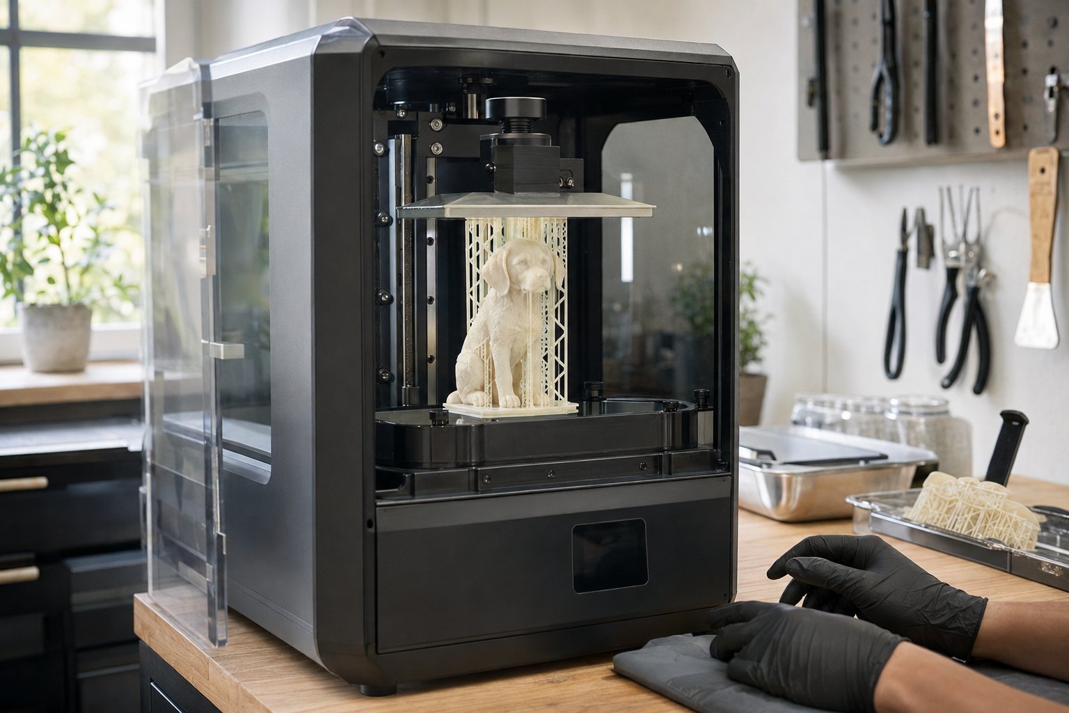 Präziser Druck einer Hundefigur in einem Resin-3D-Drucker